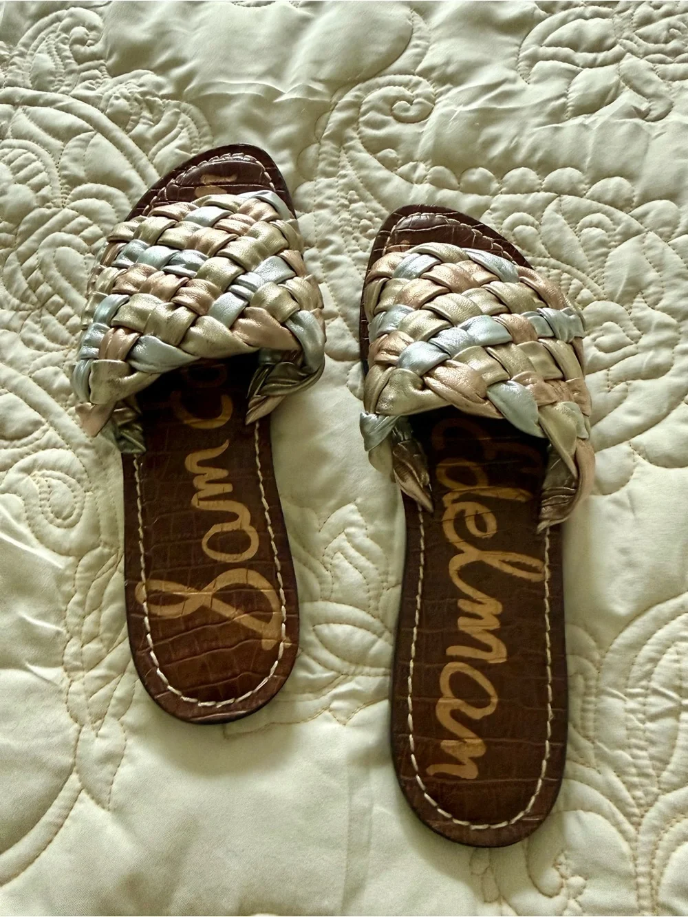 Sam Edelman Braided Metallic Slide Sandals - Silver & Rose Gold